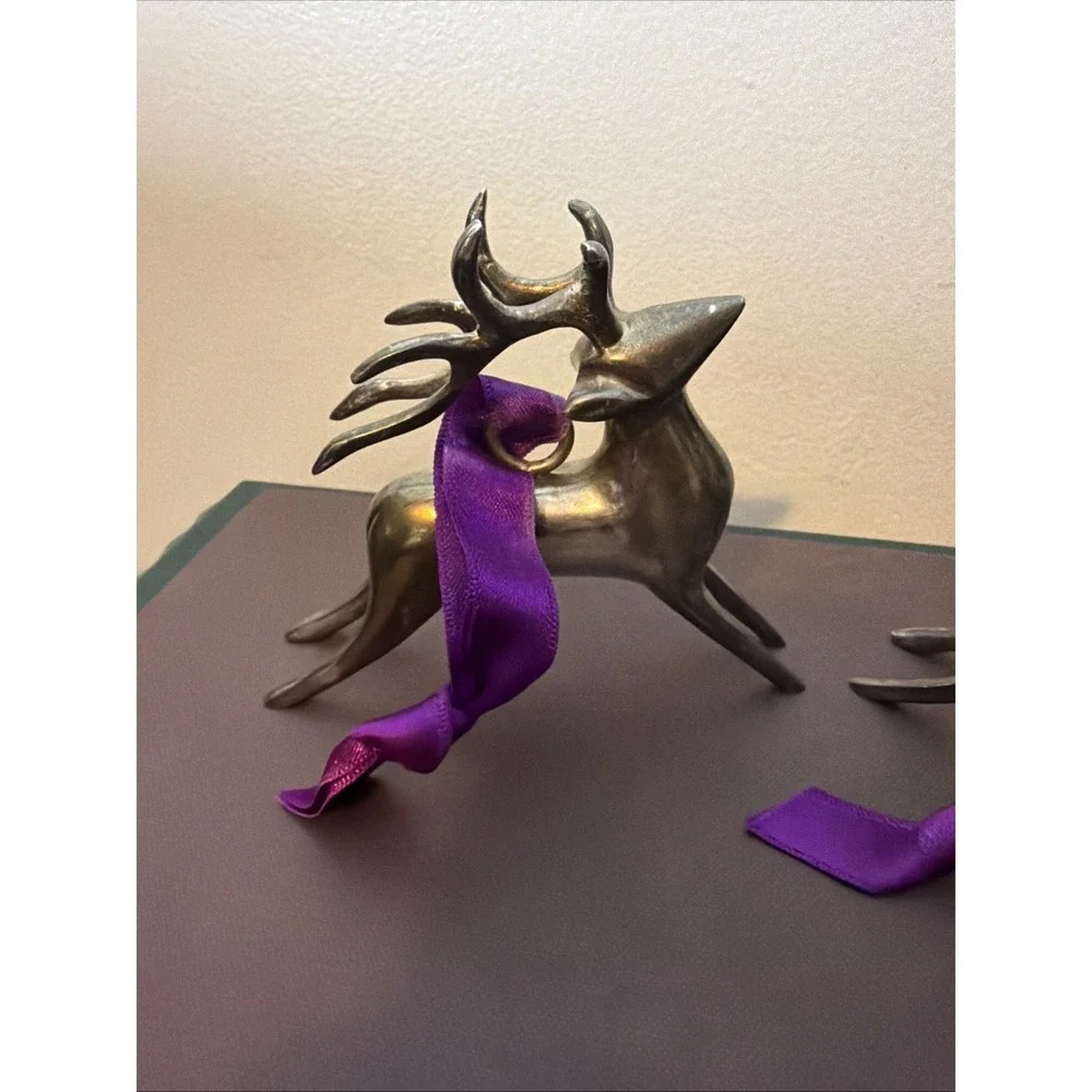 Vintage Pottery Barn Solid Silver Plate Reindeer Ornaments Pair Holiday Patina